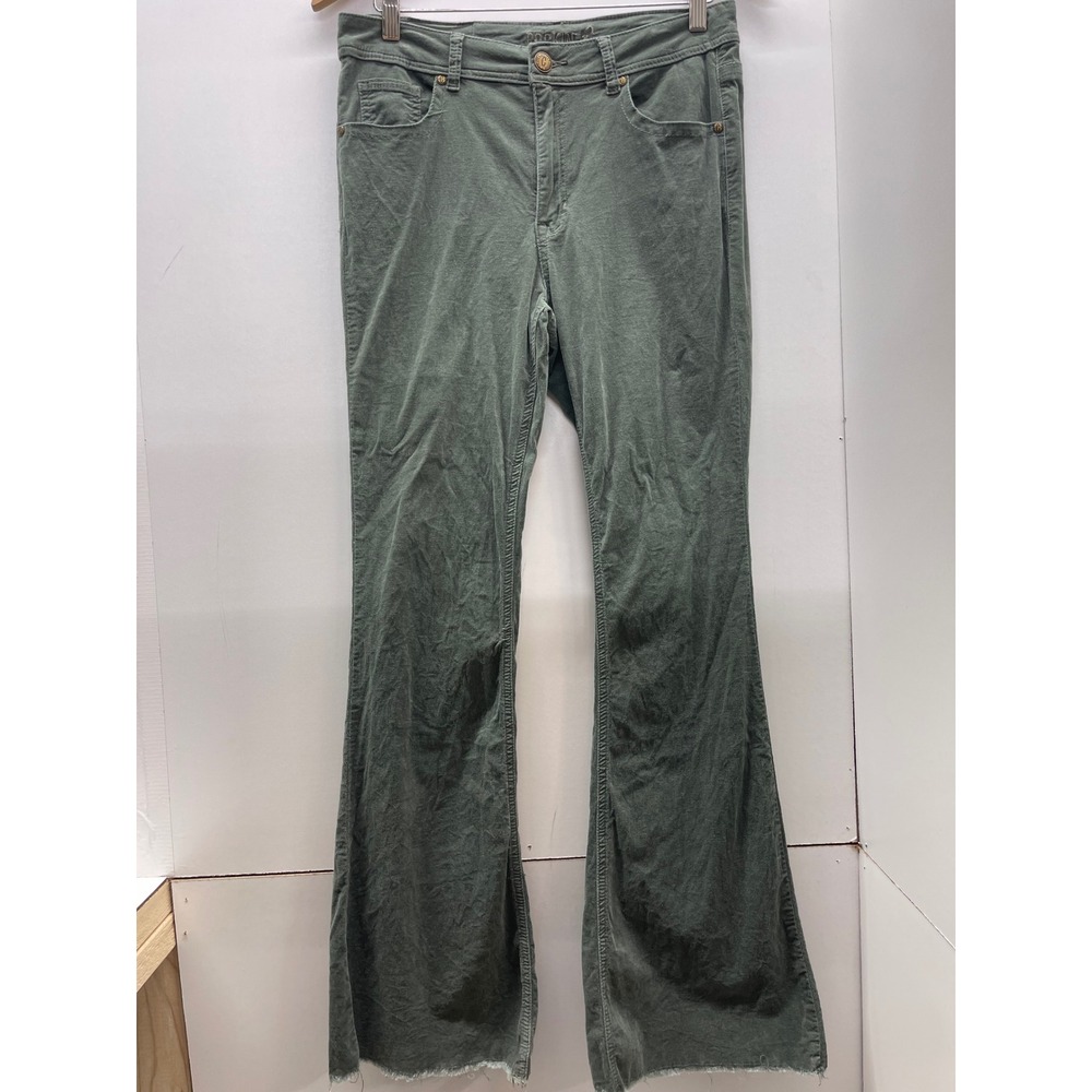 Rockin C Women Green Corduroy Flare Pants Raw Hem Size 29 Bootcut Stretch Boho